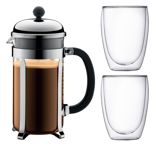 CHAMBORD SET-NEGRO-1 l-PRENSA DE CAFE Y 2 TAZAS DOBLE PARED-BODUM