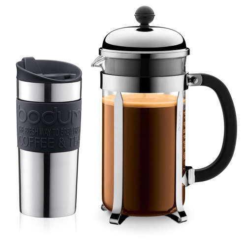 CHAMBORD SET-NEGRO-1L-PRENSA DE CAFE Y TRAVEL MUG DE ACERO INOX-BODUM